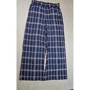 Gef Women's Navy White Plaid Wide-Leg Pants High-Rise Elastic Waist Pockets M